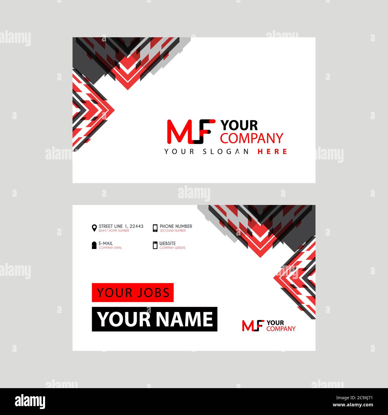 La lettera del logo MF con la decorazione a scatola sul bordo e un biglietto da visita bonus con un layout moderno e orizzontale. Logo FM Vector Illustrazione Vettoriale