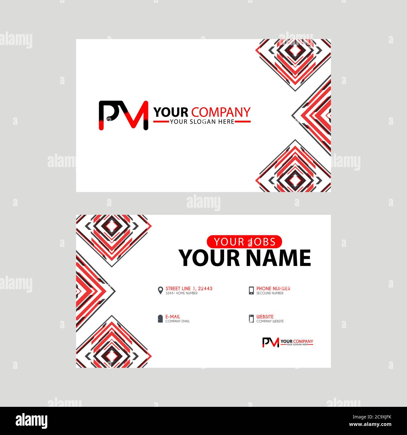 Moderni modelli di biglietti da visita, con logo PM Letter e design orizzontale e colori rosso e nero. Modello logo MP Illustrazione Vettoriale