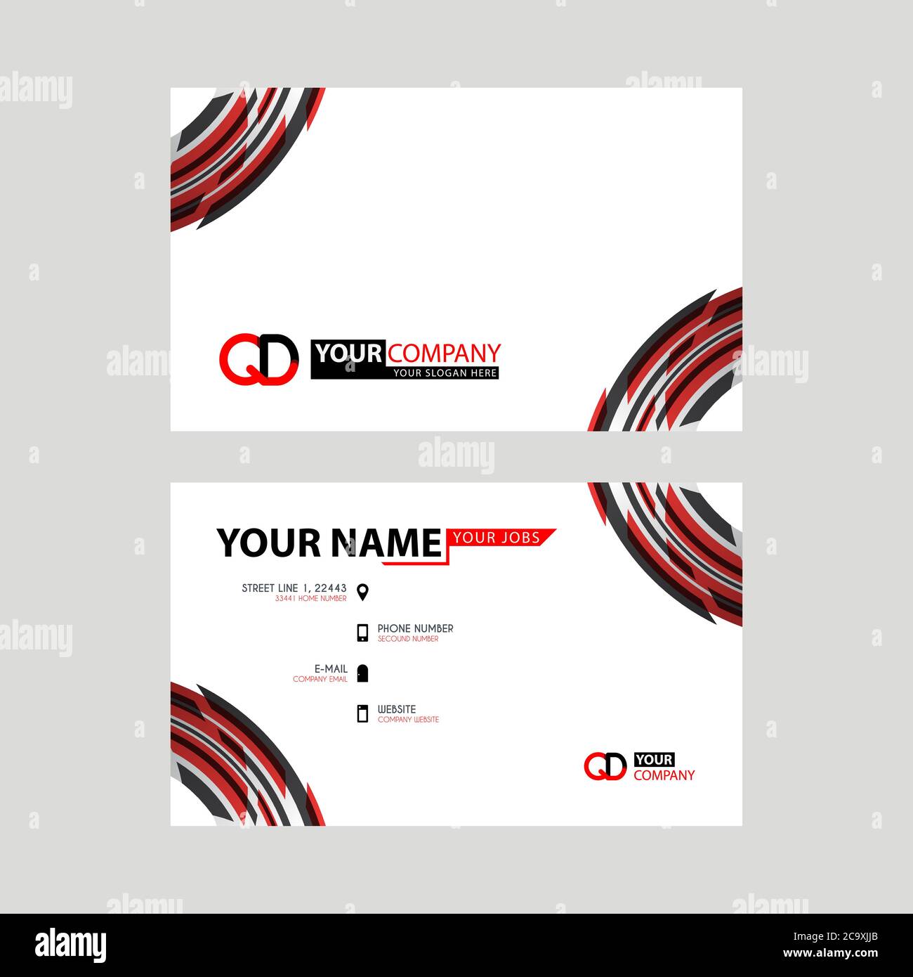 Biglietti da visita dal design semplice e moderno, con logo QD all'interno e colore rosso nero trasparente. Modello logo DQ Illustrazione Vettoriale