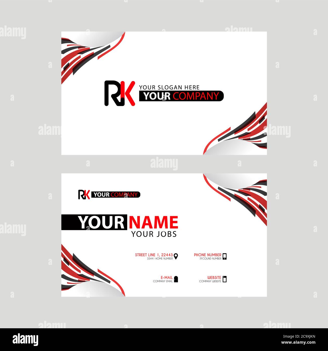 Logo RK con un biglietto da visita nero e rosso dal design orizzontale e moderno. Logo KR Illustrazione Vettoriale