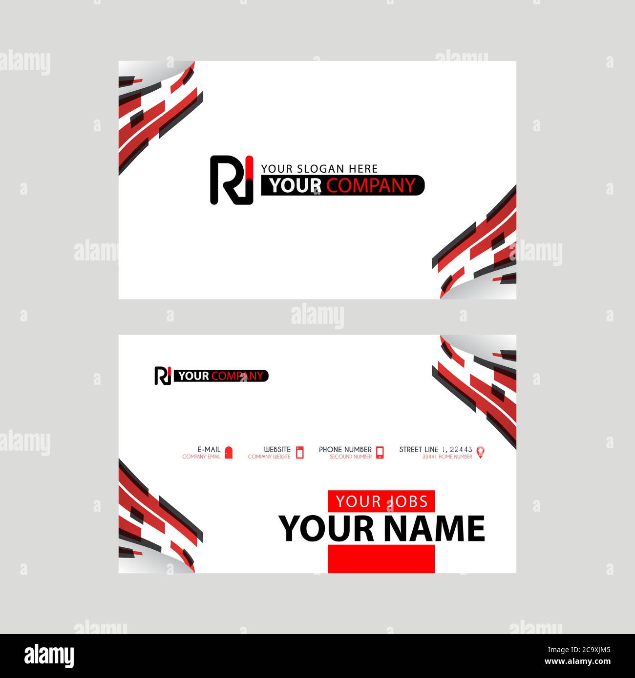 Logo RI con un biglietto da visita nero e rosso dal design orizzontale e moderno. Design con logo IR Illustrazione Vettoriale