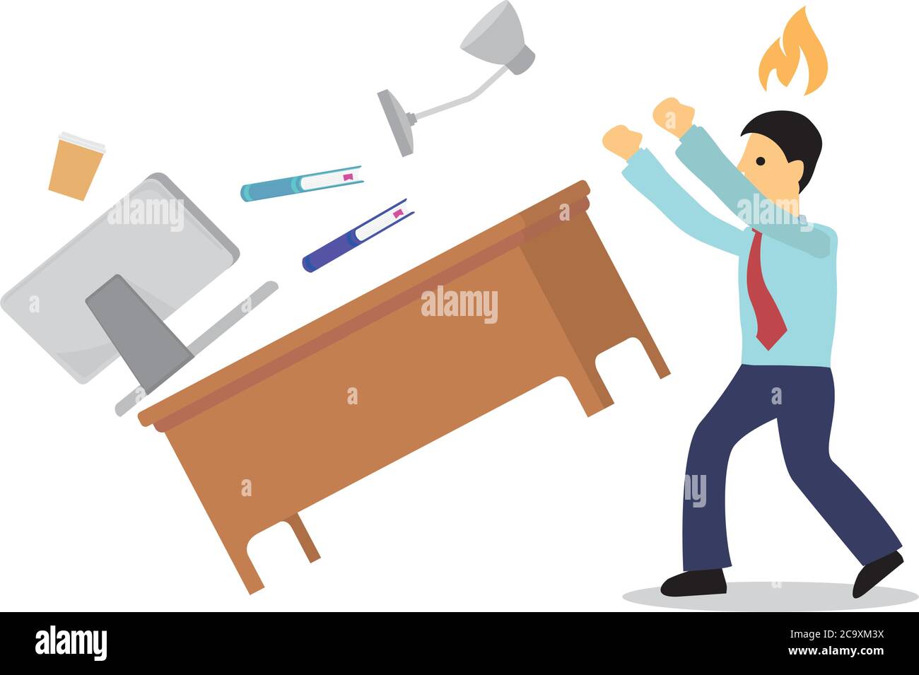 Un uomo d'affari arrabbiato ribalta la sua scrivania. Concetto di cattiva gestione della rabbia. Illustrazione vettoriale isolata Illustrazione Vettoriale