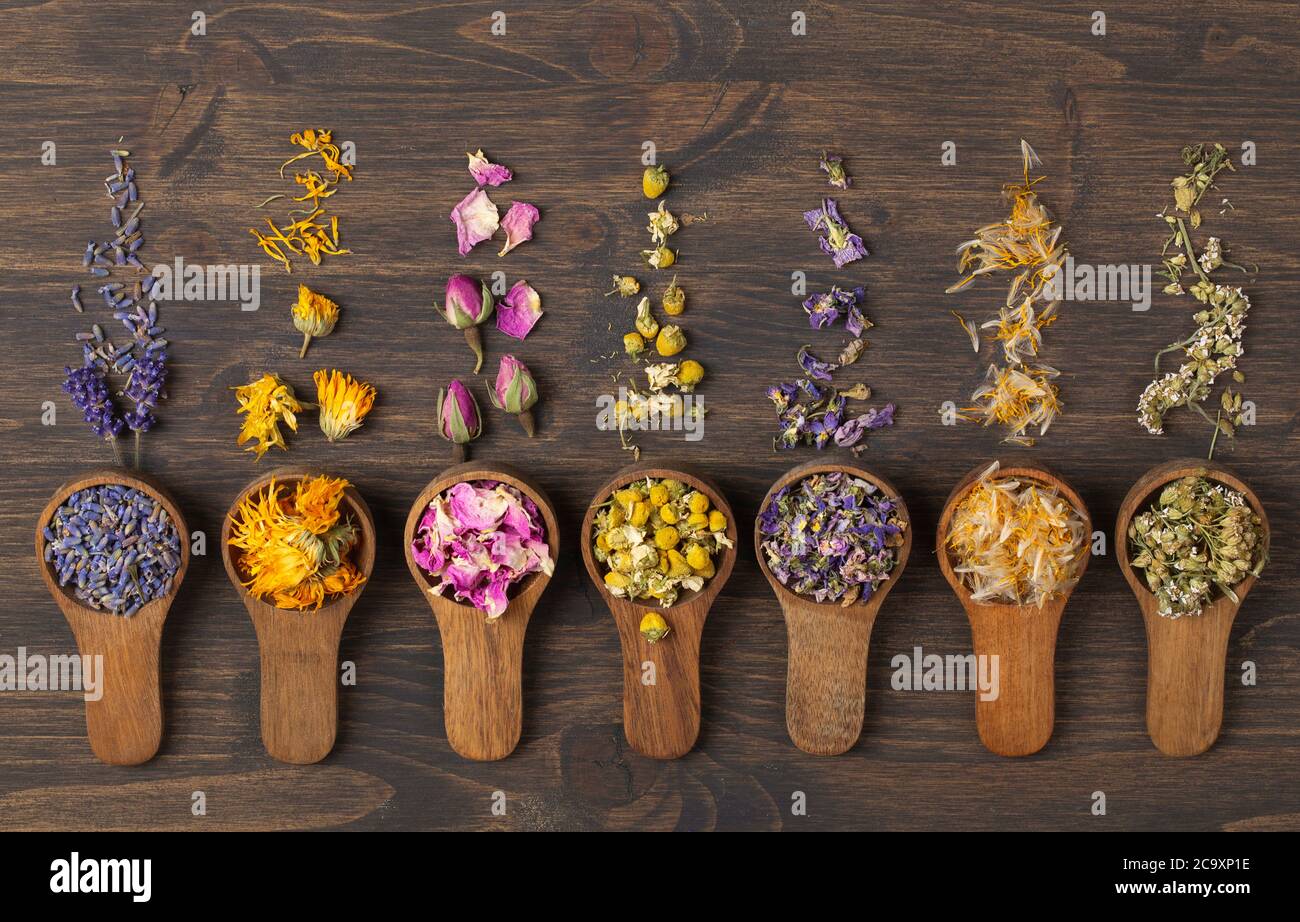 Fiori secchi in cucchiai di legno su sfondo marrone Foto Stock