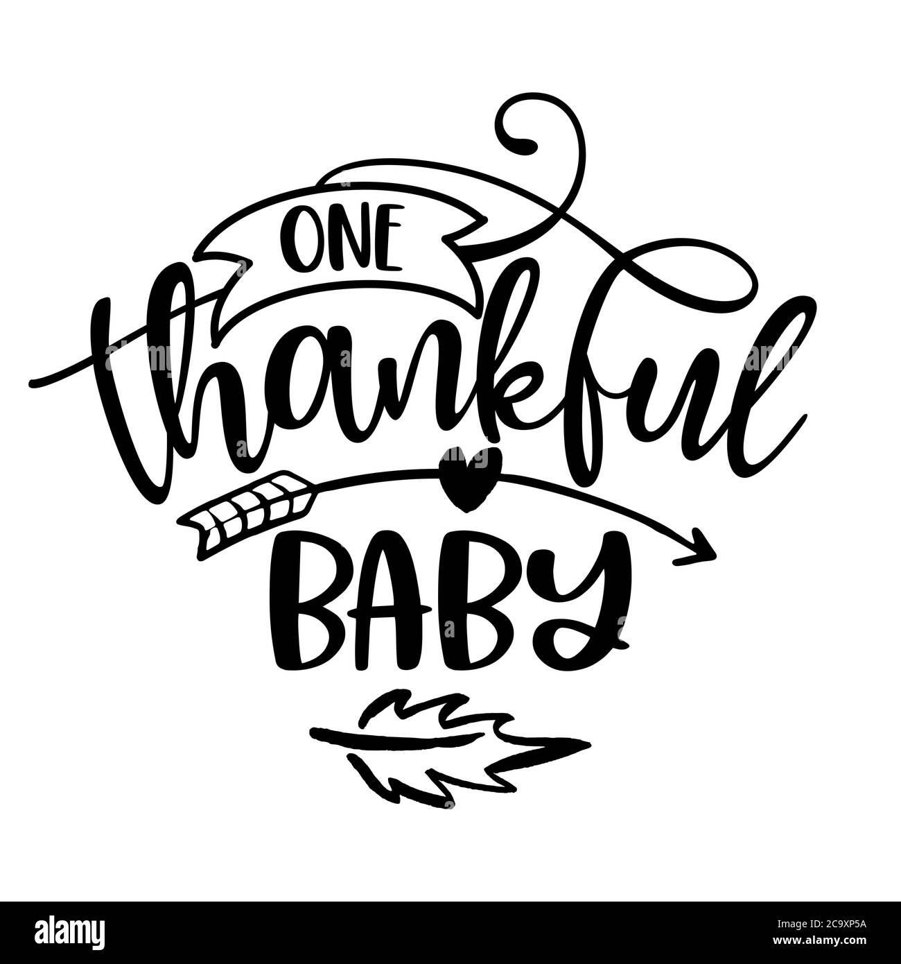 One Thankful Baby - inspirational Thanksgiving Day o Harvest scritto a mano parola, messaggio letterale. Calligrafia manoscritta per l'autunno. Adatto per t-shirt, Illustrazione Vettoriale