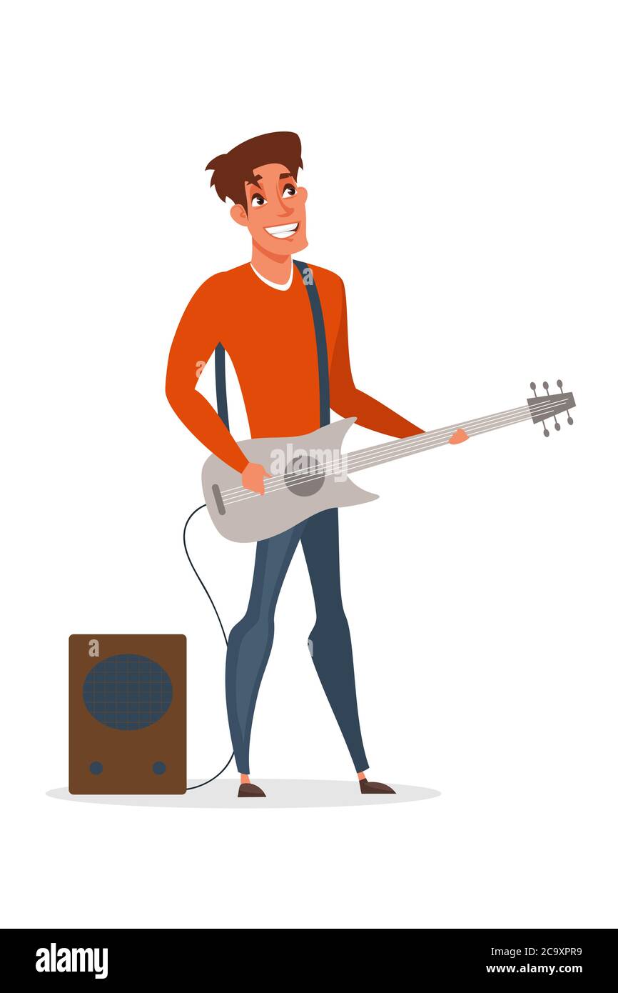 Illustrazione piatta del chitarrista professionista isolata su sfondo bianco Illustrazione Vettoriale