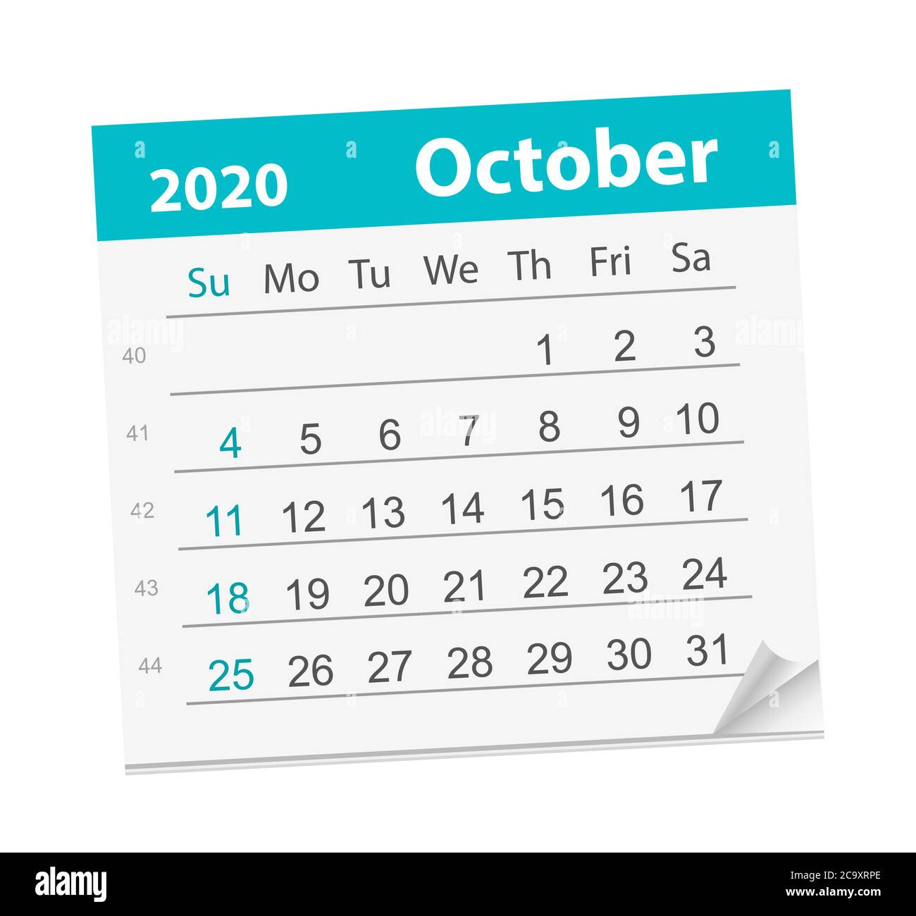 Calendario del mese di ottobre 2020. Illustrazione vettoriale. La settimana inizia la domenica Illustrazione Vettoriale