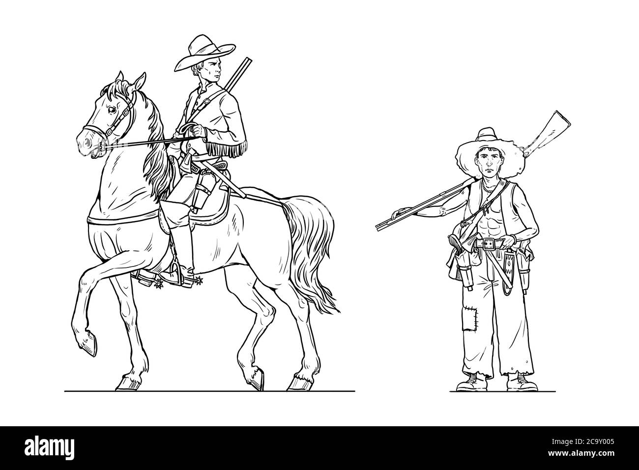 Cowboy montato e trapper con pistola. Illustrazione del selvaggio West. Foto Stock