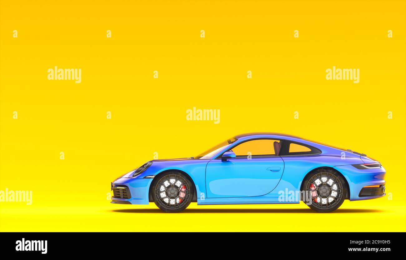 auto sportiva blu su sfondo giallo, vista laterale. nessuno intorno. rendering 3d. Foto Stock