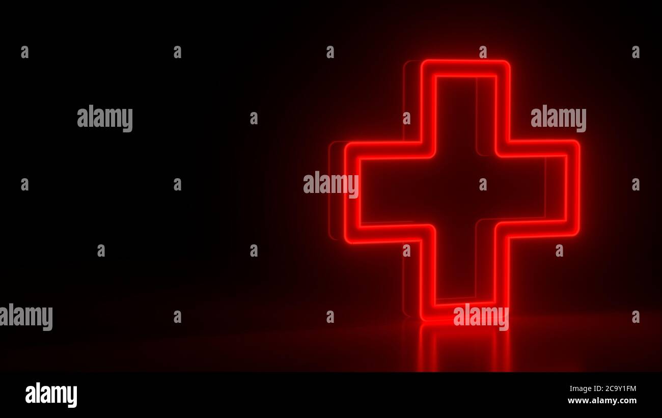 Simbolo futuristico rosso incandescente croce medica al neon su sfondo nero scuro con riflesso sfocato. Elementi del set medico. rendering 3d Foto Stock