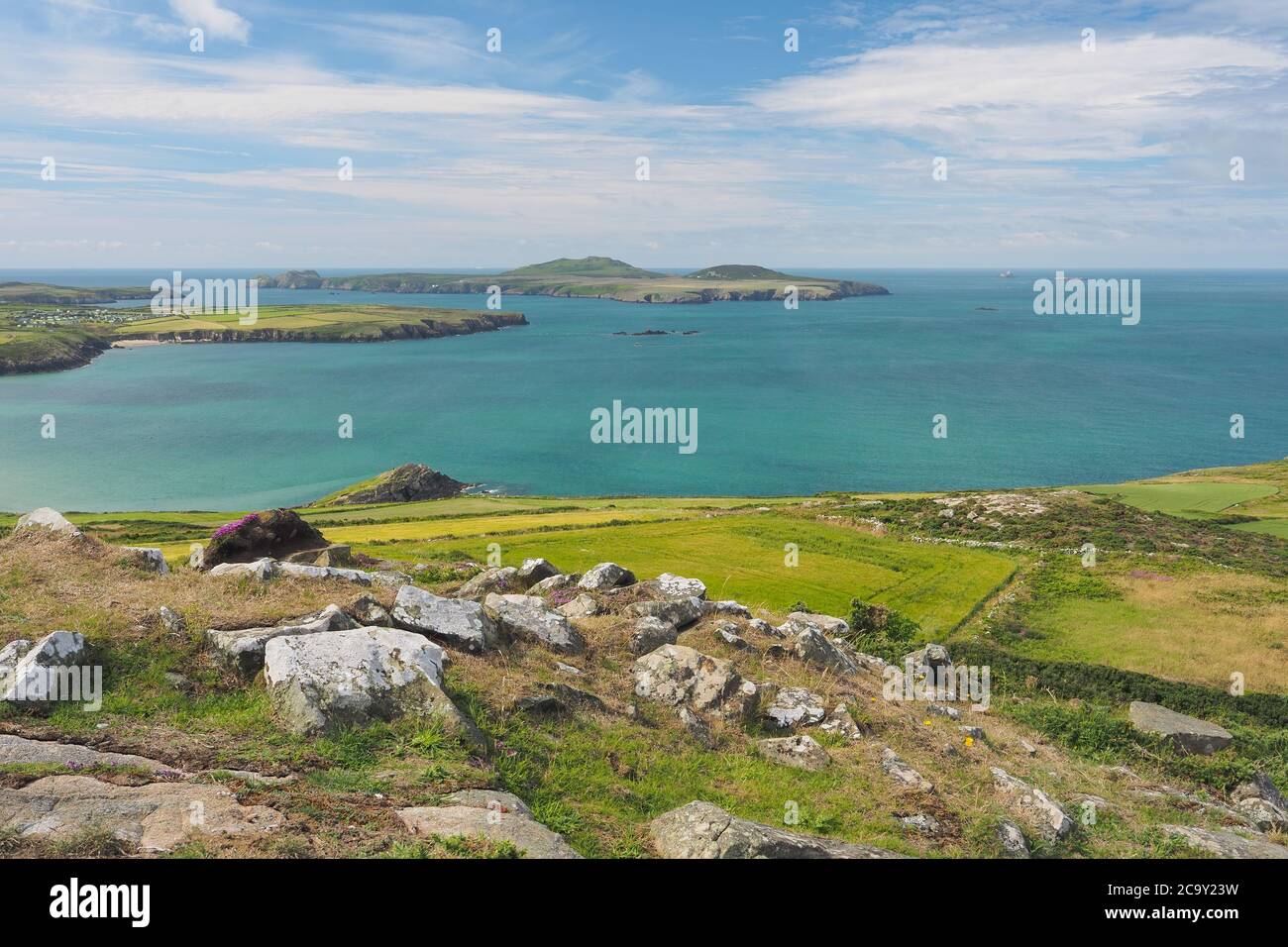 Vista dal Carn Llidi St Davids dirigiti verso Ramsey Island, Pembrokeshire, Galles Foto Stock