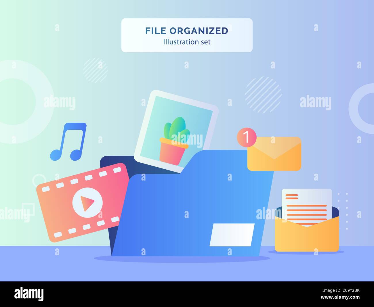 File Organised Illustration Set file folder contiene video musica immagine messaggio e-mail con stile piatto Illustrazione Vettoriale