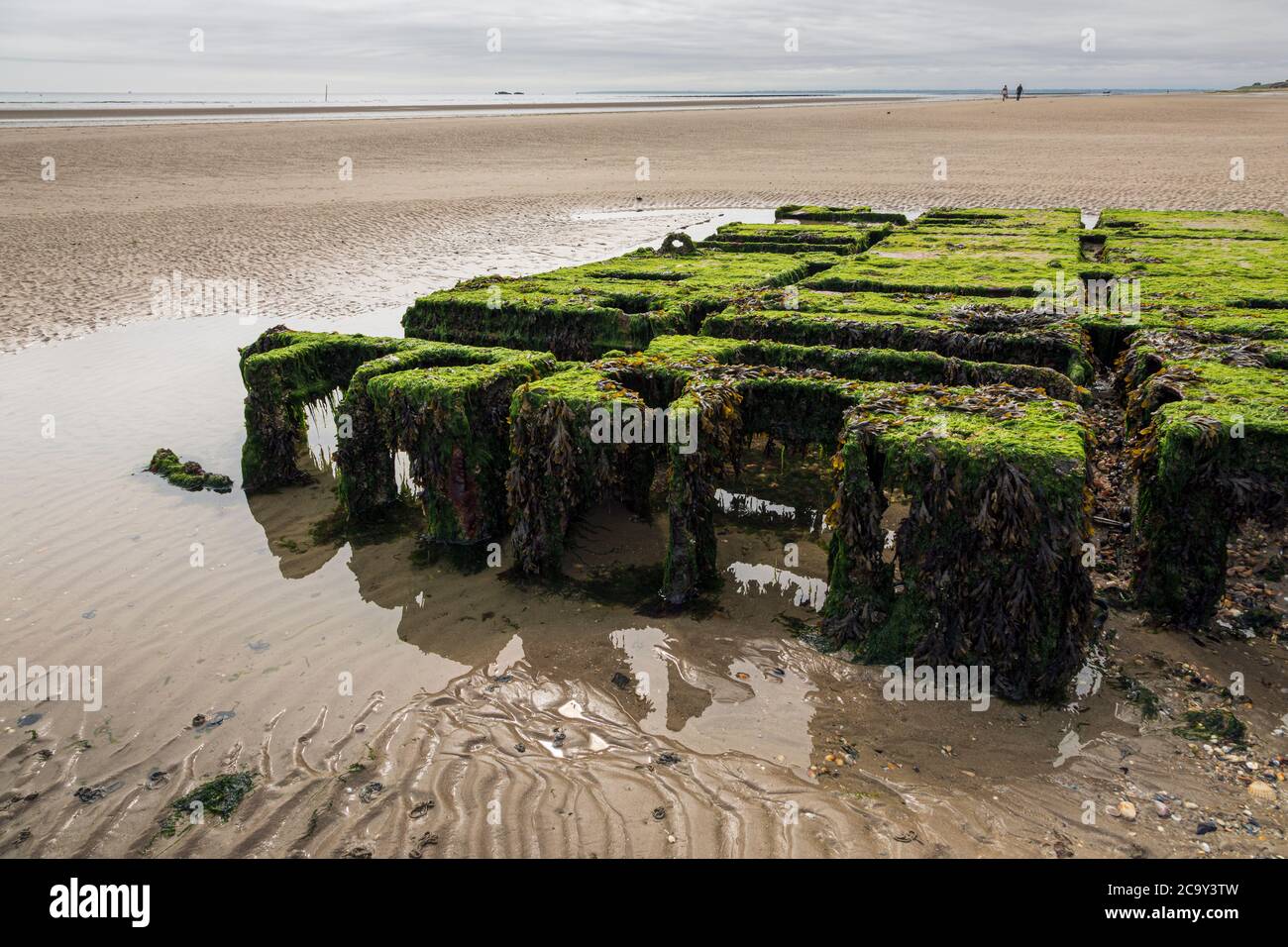 Resti di un vecchio pontile in tempo di guerra utilizzato per gli sbarchi del D-Day a Utah Beach, Normandia, Francia Foto Stock