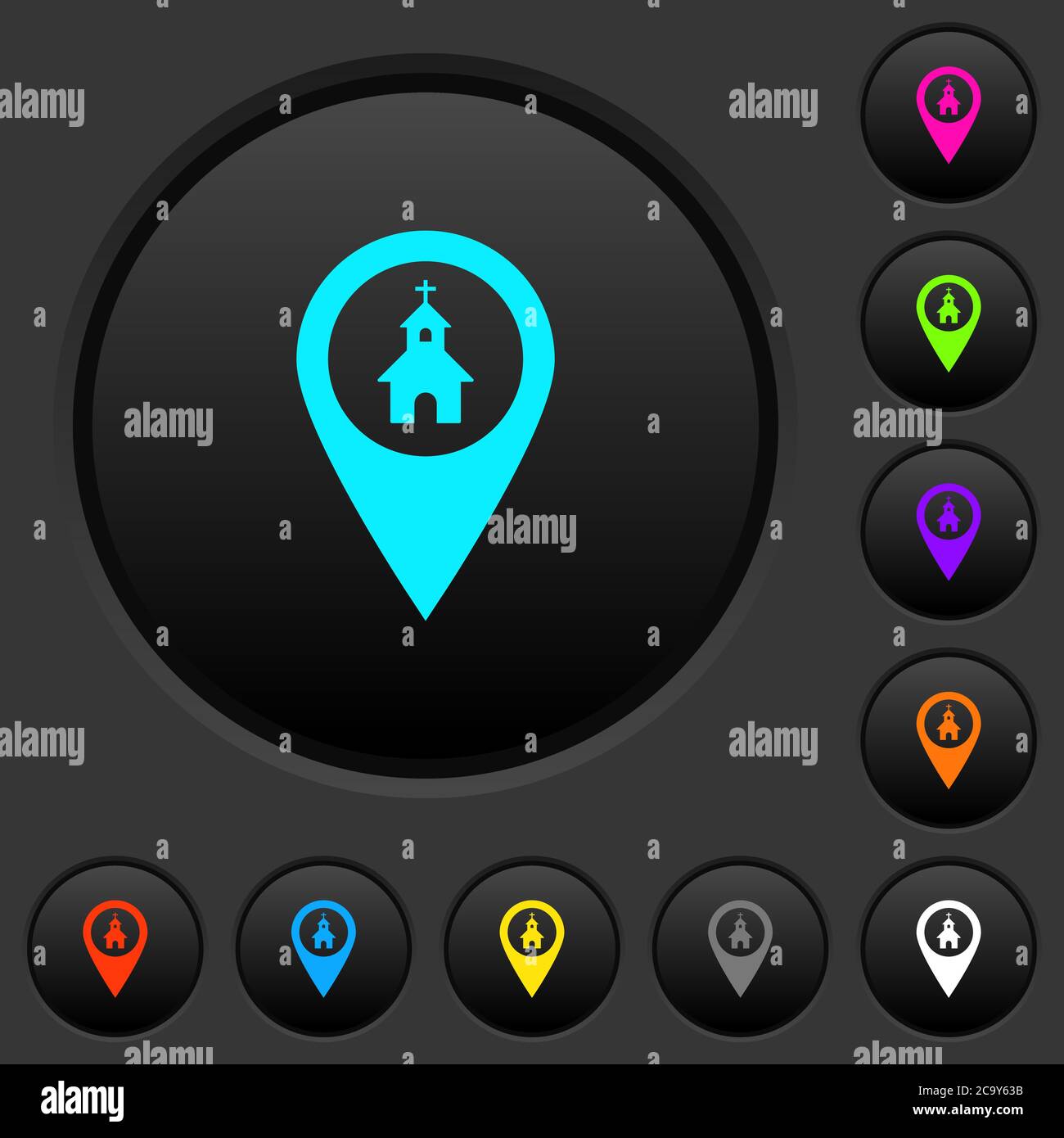 Chiesa GPS posizione mappa pulsanti scuri con icone di colori vivaci su sfondo grigio scuro Illustrazione Vettoriale
