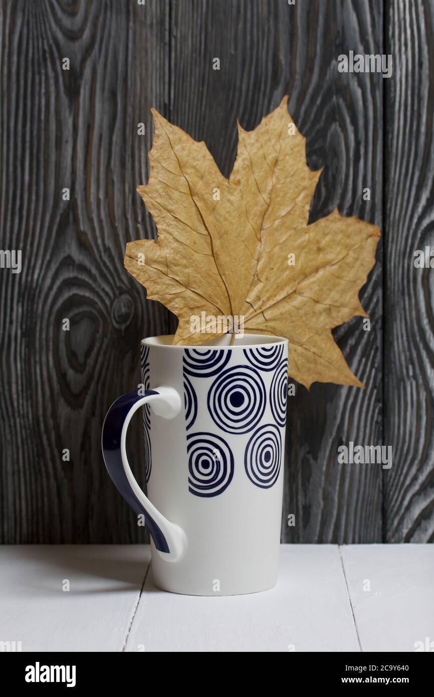 Tazza in ceramica su una superficie bianca. Tra di loro sono essiccate foglie di acero autunno. Su uno sfondo di tavole di pino dipinte di nero. Foto Stock