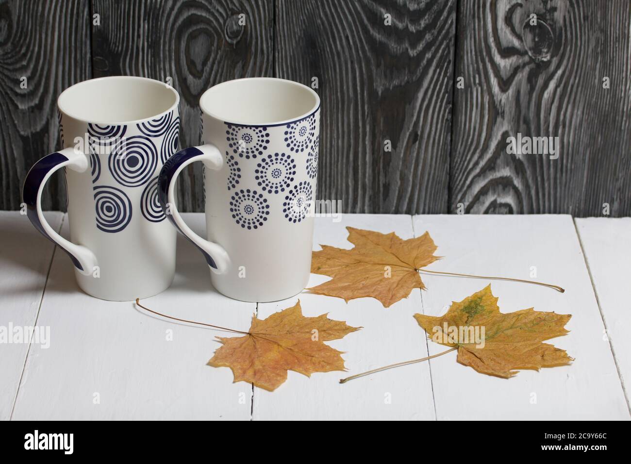 Tazza in ceramica su una superficie bianca. Tra di loro sono essiccate foglie di acero autunno. Su uno sfondo di tavole di pino dipinte di nero. Foto Stock