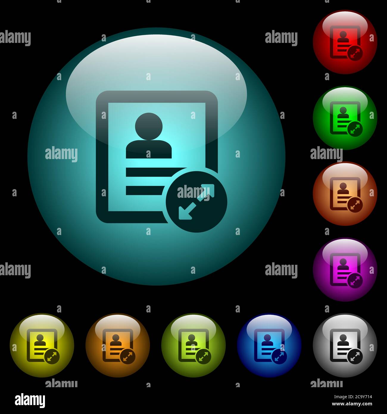 Estendere le icone di contatto con i pulsanti sferici illuminati a colori su sfondo nero. Può essere utilizzato per modelli neri o scuri Illustrazione Vettoriale