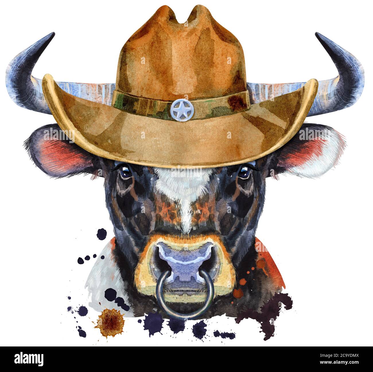 Toro con macchia bianca in un cappello da cowboy. Grafica watercolor.  Illustrazione di animale di toro con spruzzi acquerello sfondo testurizzato  Foto stock - Alamy