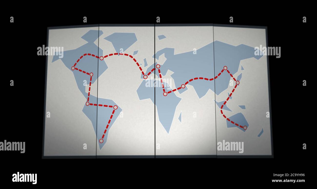Itinerario il percorso è disegnato su una mappa del mondo pieghevole. Percorso linea rossa sulla mappa. Sfondo nero isolato Foto Stock