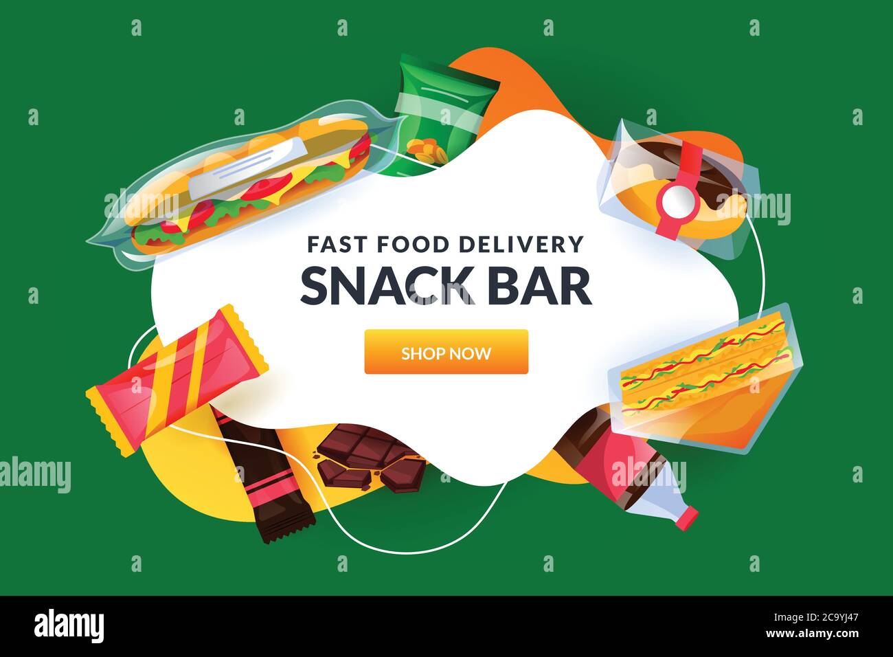 Snack bar cornice bianca con sandwich in pacchetto, confezioni di caramelle dolci e cioccolato. Sfondo rapido vettore di cibo spazzatura. Banner servizio di consegna dei pasti, Illustrazione Vettoriale