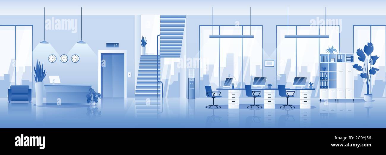 Interni per ufficio vuoti e contemporanei. Illustrazione vettoriale. Architettura orizzontale di sfondo in blu. Nessuna persona in camera. Fine del giorno lavorativo o c Illustrazione Vettoriale