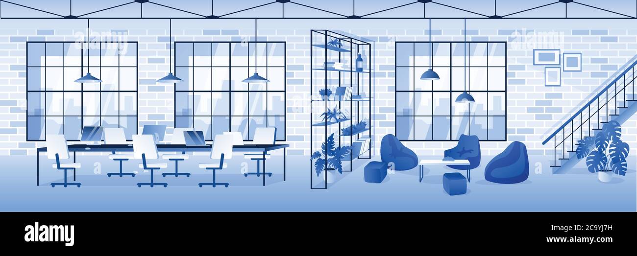 Vuoto contemporaneo interno ufficio sfondo orizzontale. Illustrazione vettoriale. Design moderno dell'area di lavoro. Nessuno in camera. Fine della giornata lavorativa o dell'azienda Illustrazione Vettoriale