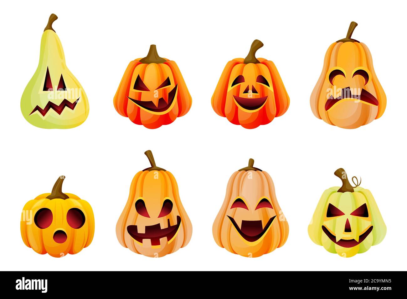 Halloween spooky emotion zucche icone collezione. Illustrazione di un cartone piatto vettoriale. Jack o lanterne espressione del volto. Festa celebrazione design ele Illustrazione Vettoriale