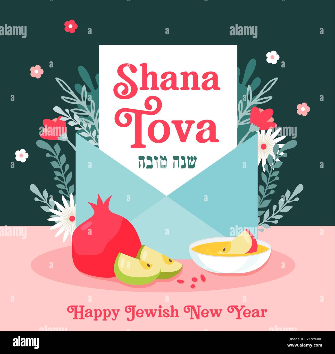 Biglietto d'auguri con busta e simboli di rosh hashanah, anno nuovo ebraico. Shana Tova. Benedizione di felice anno nuovo in ebraico e inglese. Vettore Illustrazione Vettoriale