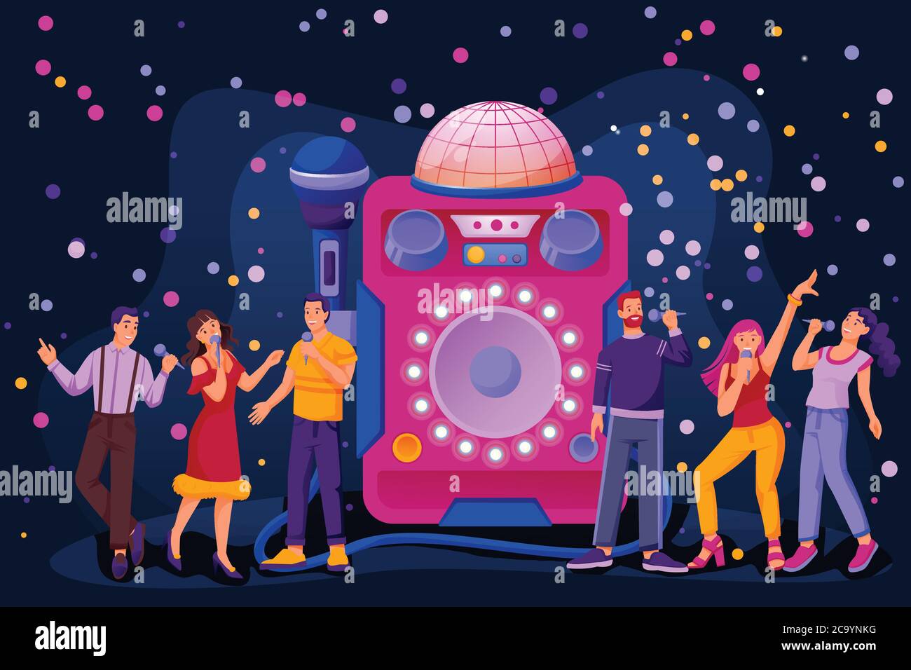 Illustrazione della festa di musica notturna del karaoke. Caratteri vettoriali per cartoni animati piatti. Felici i giovani cantano canzoni con microfono e danza. Discoteca club design ele Illustrazione Vettoriale