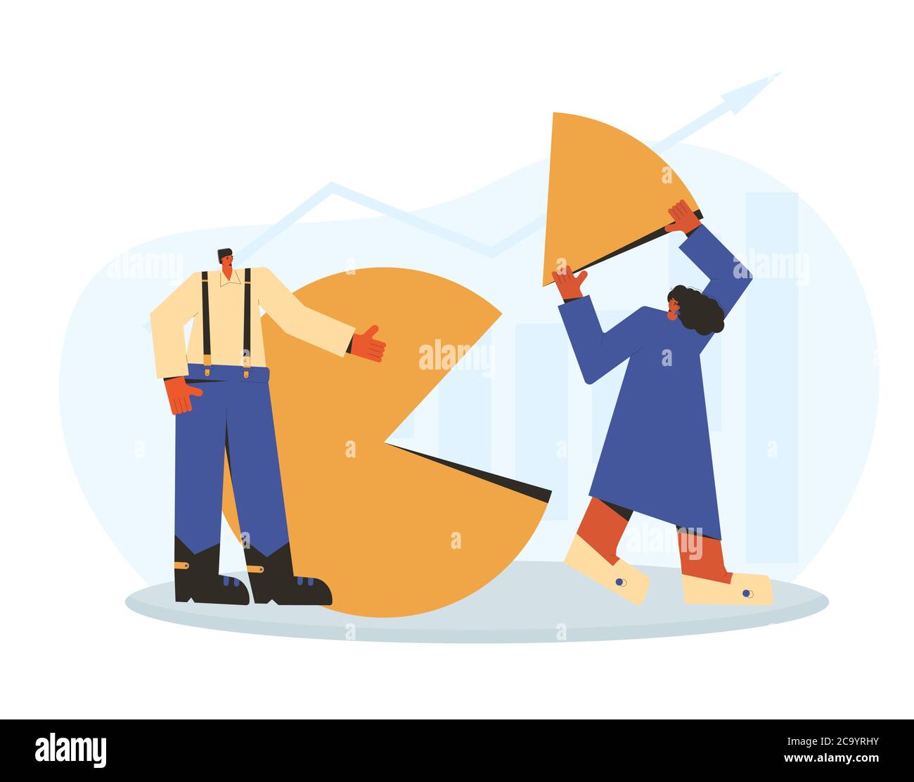 Analisi dei dati. Concetto di rapporto finanziario. Preparazione della presentazione aziendale. Piccole persone con un enorme diagramma circolare e grafico. Illustrazione piatta vettoriale Illustrazione Vettoriale