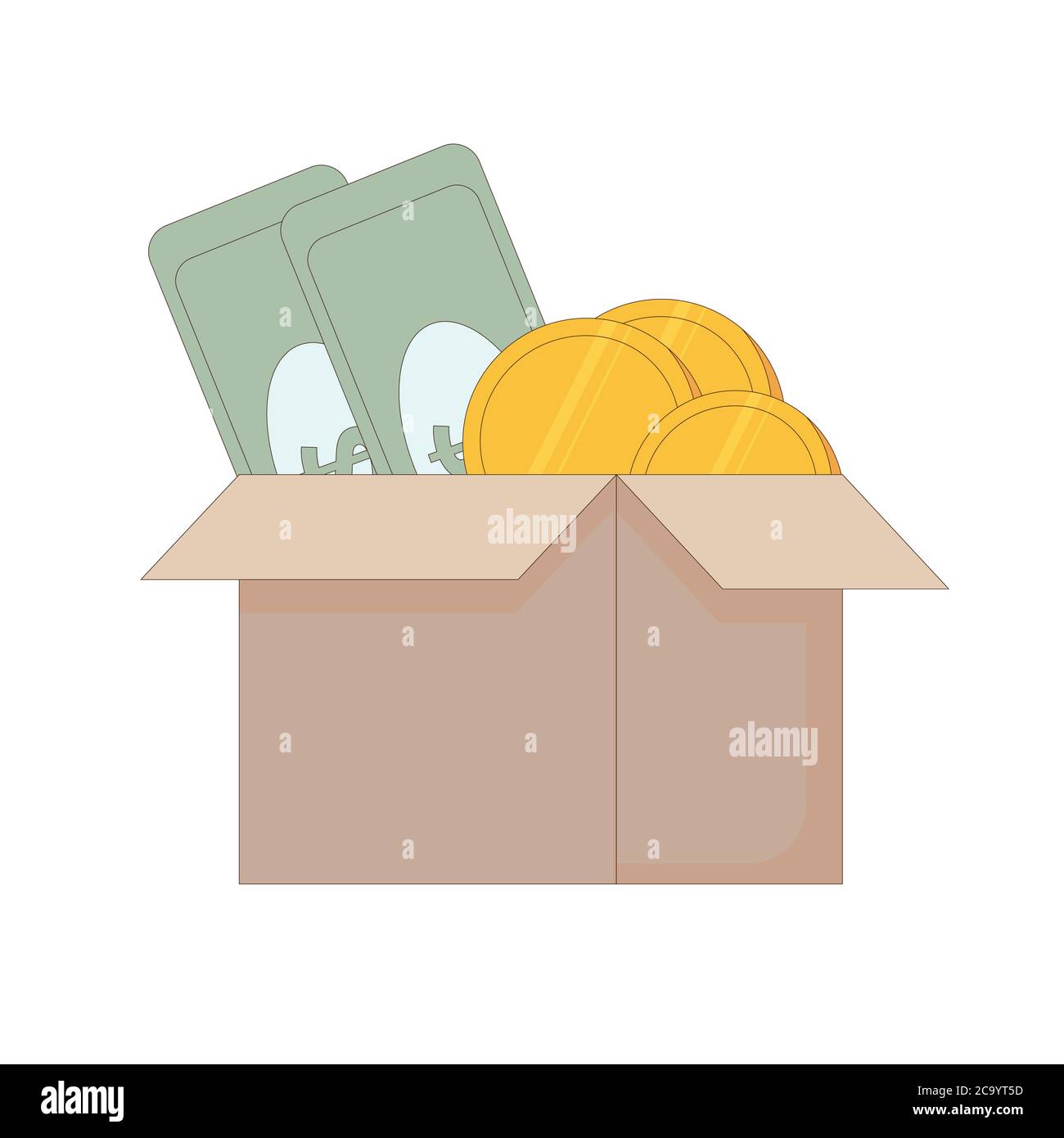 Scatola con denaro isolato su sfondo bianco. Confezione di carta con banconote e monete. Illustrazione vettoriale line art. Illustrazione Vettoriale