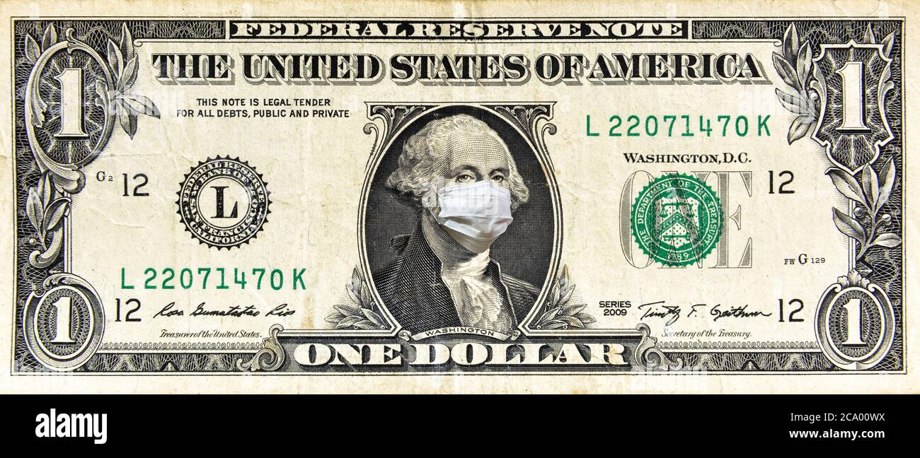 Coronavirus negli Stati Uniti, 1 dollaro di bolletta con maschera facciale. COVID-19 riguarda il mercato azionario globale. Economia mondiale colpita da paure pandemiche da virus corona. Concep Foto Stock