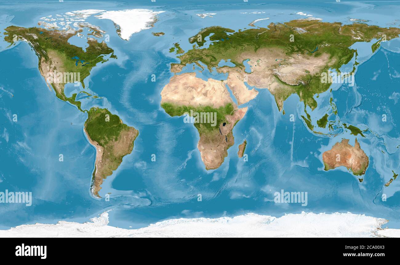 Mappa del mondo con texture sulla foto satellitare globale, vista della Terra dallo spazio. Mappa piatta dettagliata di continenti e oceani, panorama della superficie del pianeta. Eleme Foto Stock