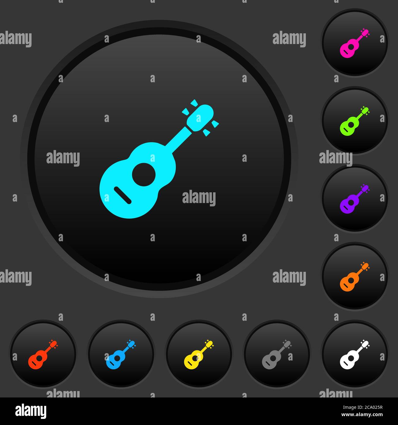 Pulsanti scuri per chitarra acustica con icone dai colori vivaci su sfondo grigio scuro Illustrazione Vettoriale
