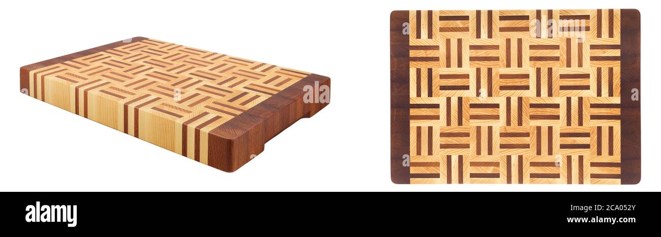 Blocco trituratore in legno di vari scorci isolati su sfondo bianco. Tagliere vuoto per la cucina. Qualità superiore Foto Stock