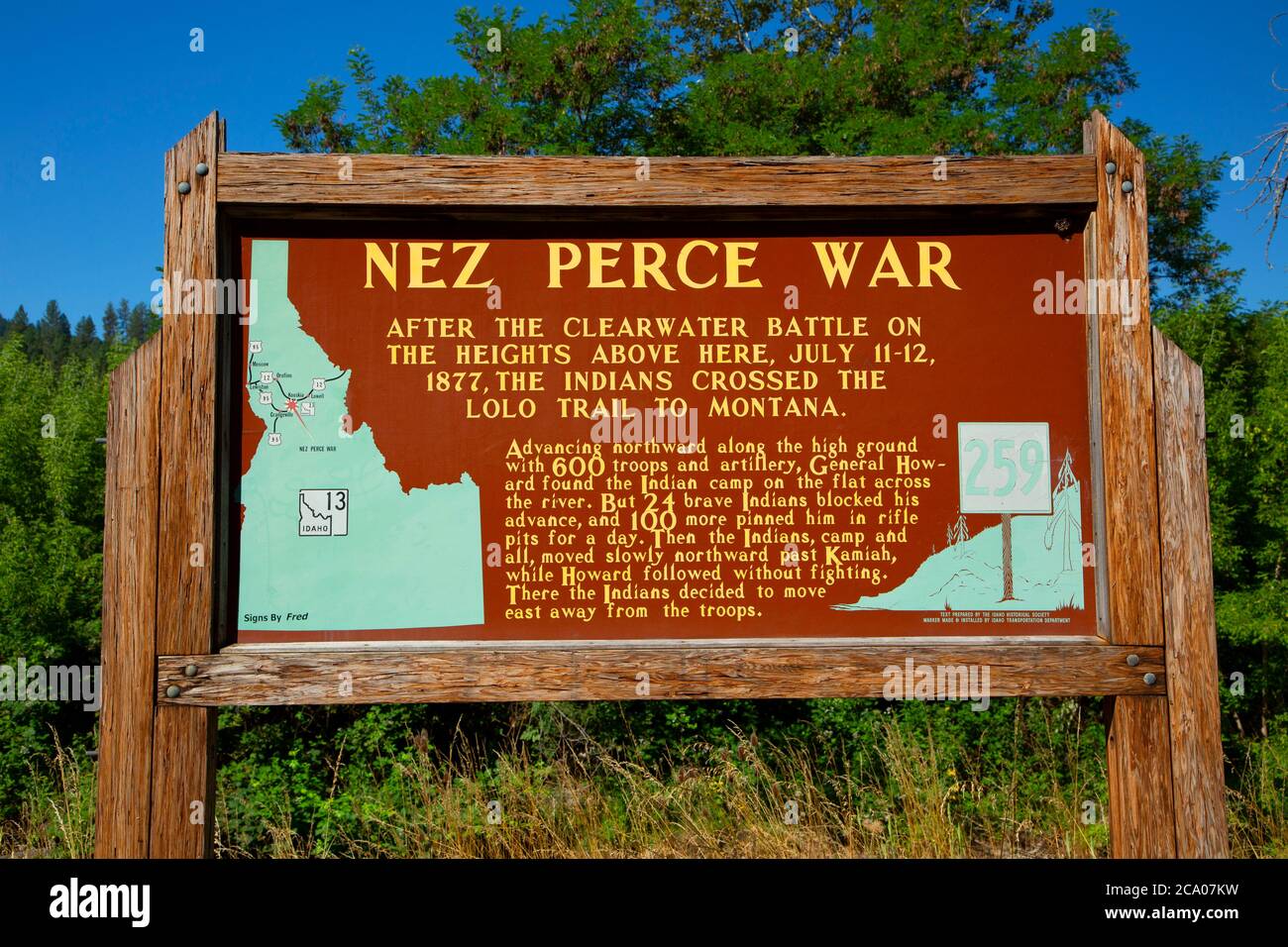 Simbolo interpretativo del campo di battaglia di Clearwater, Nez Perce National Historical Park, Idaho Foto Stock