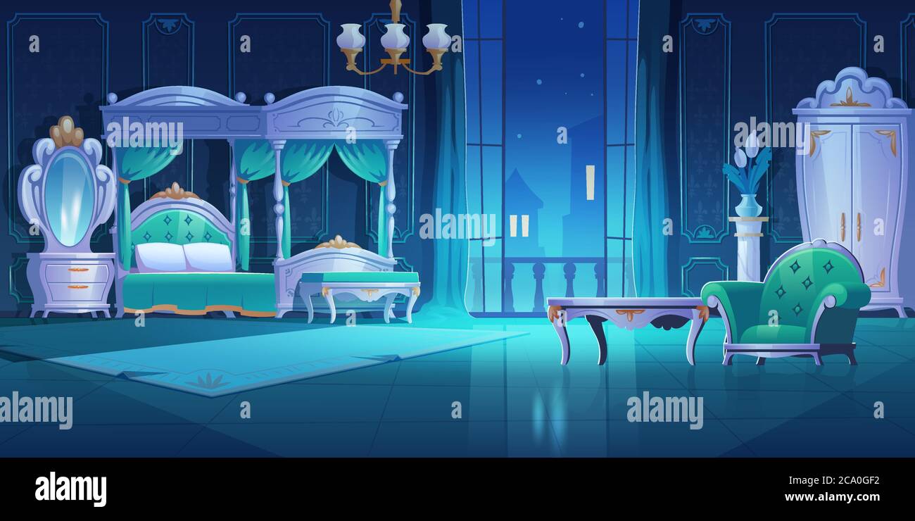 Camera da letto, interni in stile barocco, camera d'epoca con letto di lusso con baldacchino, lampada, armadio, specchio, tavolo e poltrona, appartamento scuro con balcone aperto cartoon illustrazione vettoriale Illustrazione Vettoriale