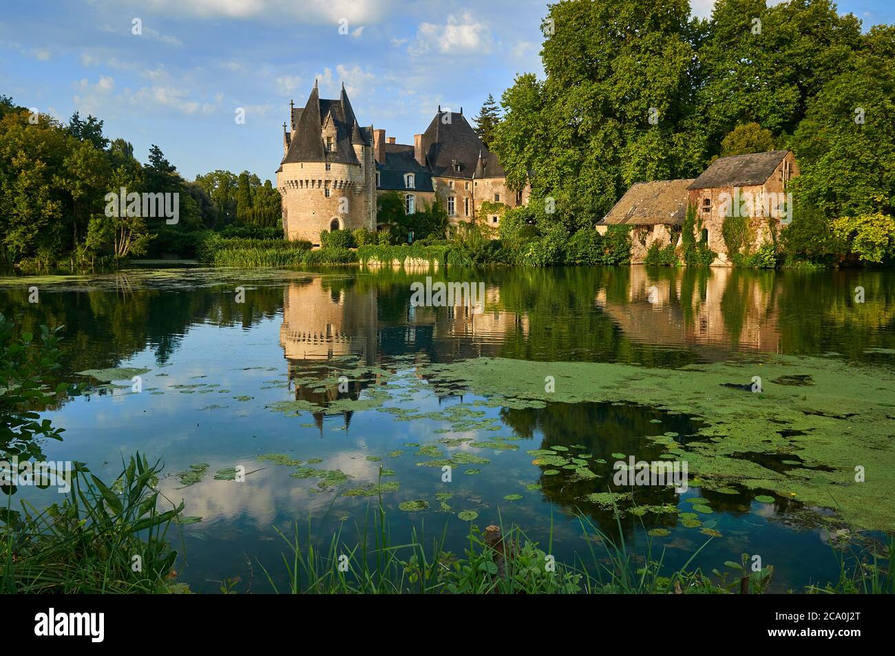 Il castello di Bazouges e mulino ad acqua sul fiume Loir, Francia Foto Stock
