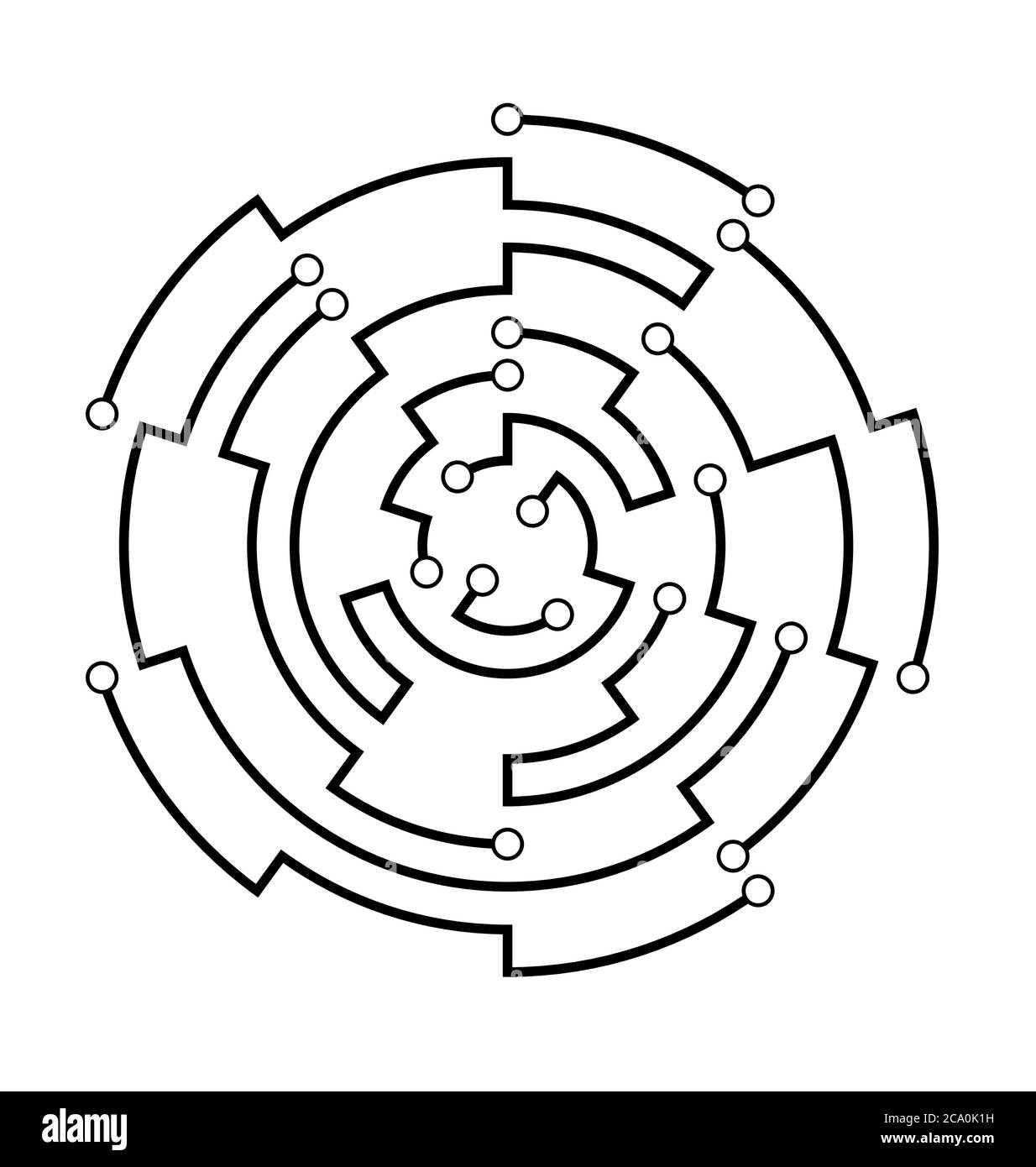 Telaio circolare della scheda a circuito stampato. Anello di collegamento astratto. Schema futuristico della scheda madre. Elemento di progettazione della struttura in bianco e nero. Alta tecnologia Illustrazione Vettoriale
