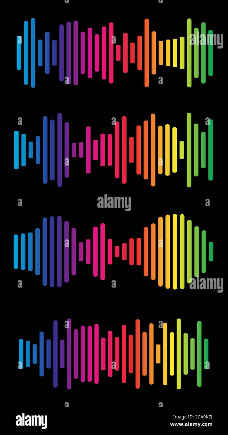 Raccolta dello spettro volumetrico. Effetto gamma audio multicolore. Diagramma del segnale Rainbow Music. Grafici dell'equalizzatore dei colori brillanti. Grafico astratto delle onde sonore. Illustrazione Vettoriale