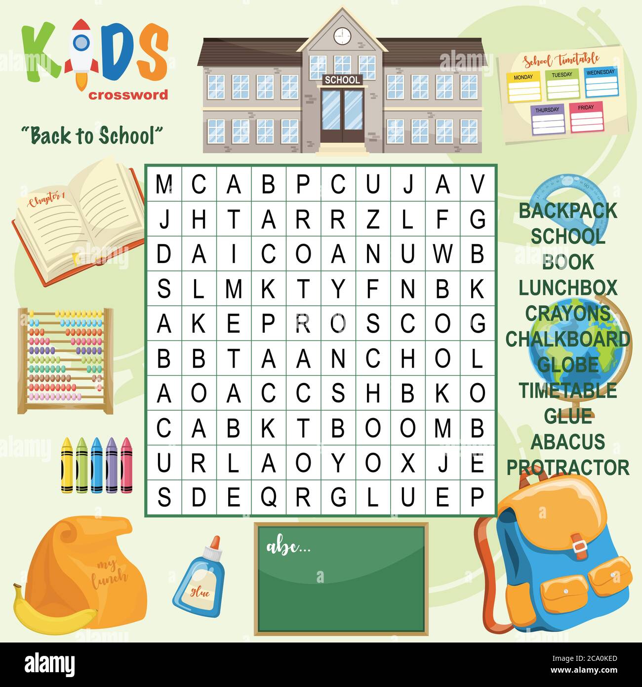 Facile ricerca parola crossword puzzle 'Torna a scuola', per i bambini nelle scuole elementari e medie. Un modo divertente per praticare la comprensione e l'espulsione del linguaggio Illustrazione Vettoriale