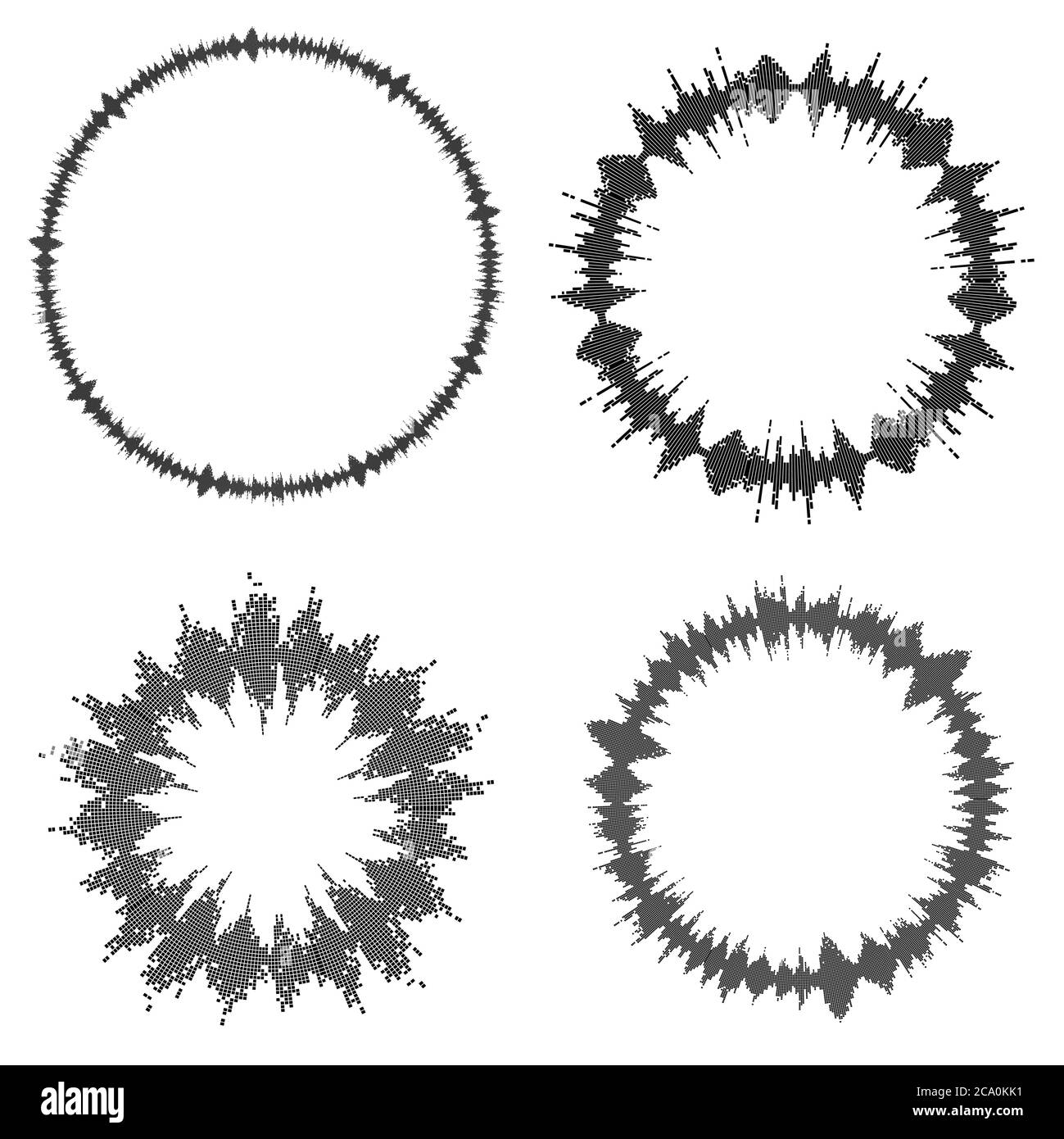Anello equalizzatore. Set di grafici audio rotondi. Musica beat bar isolato su bianco. Raccolta di elementi astratti elettronici dell'onda del volume sonoro. Clip moderna a Illustrazione Vettoriale
