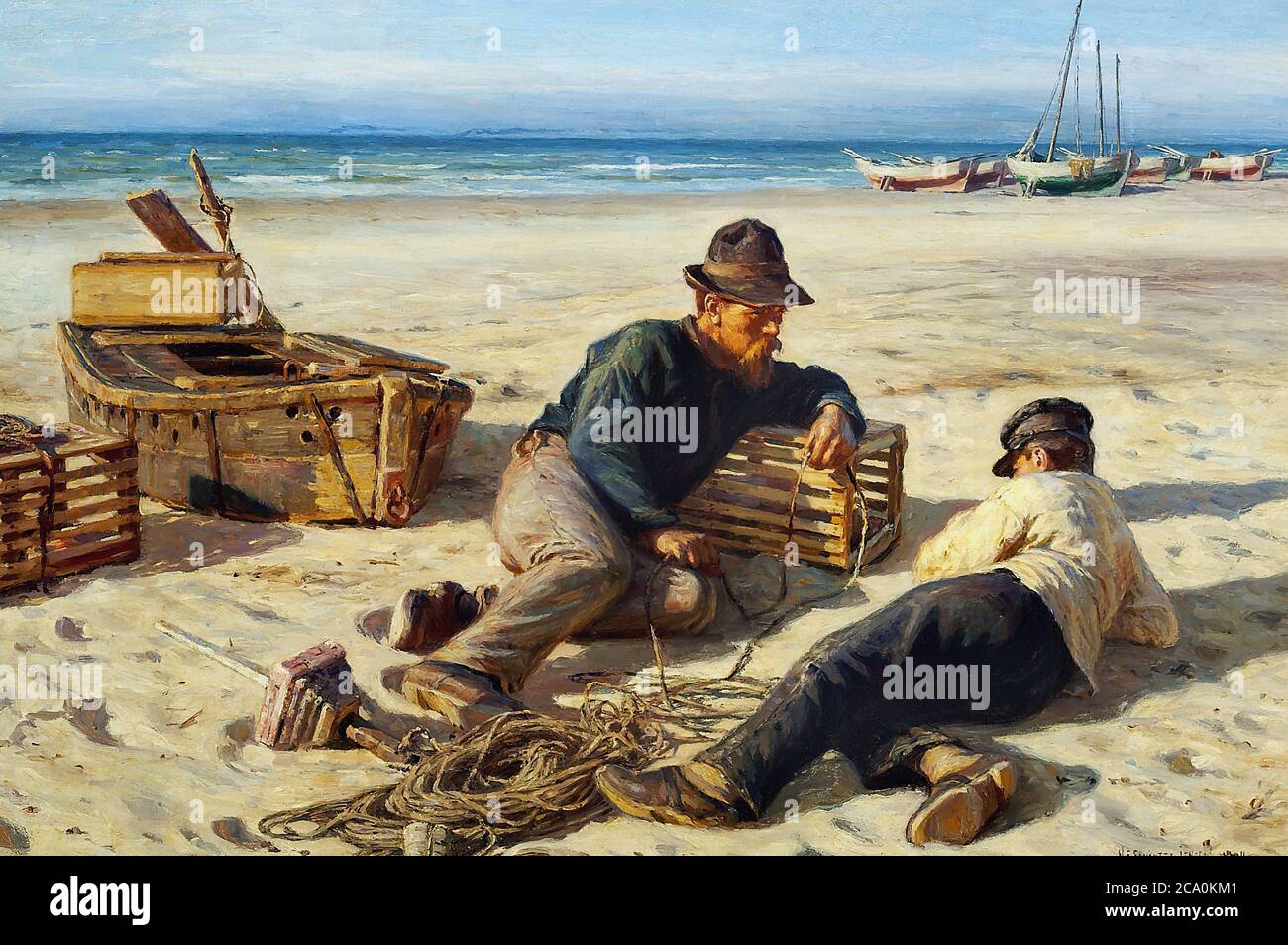 Schiottz-Jensen Niels Frederik - pescatori che riposano sulla spiaggia - Scuola Danese - XIX e inizio XX secolo Foto Stock