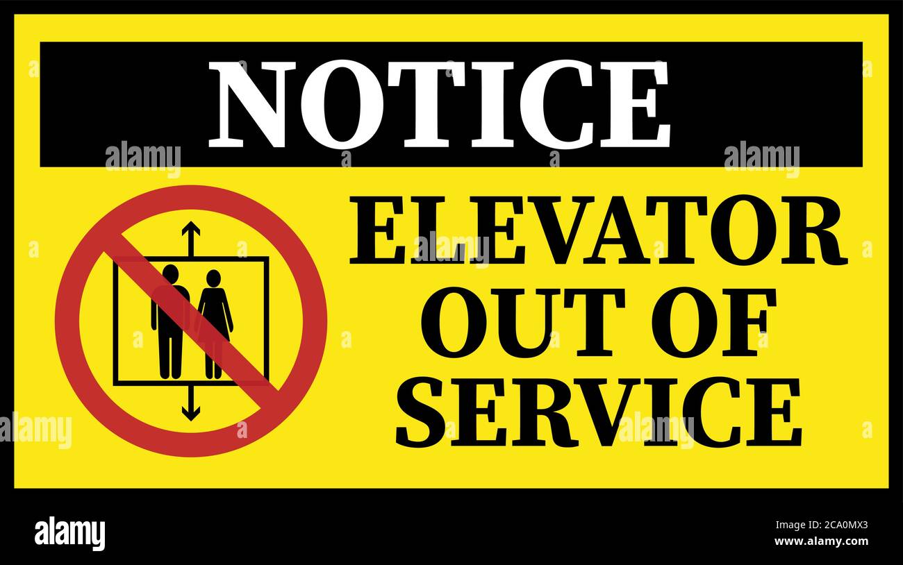 Segnale giallo DI USCITA DAL SERVIZIO DELL'ELEVATORE con simbolo di avvertenza, illustrazione vettoriale Illustrazione Vettoriale