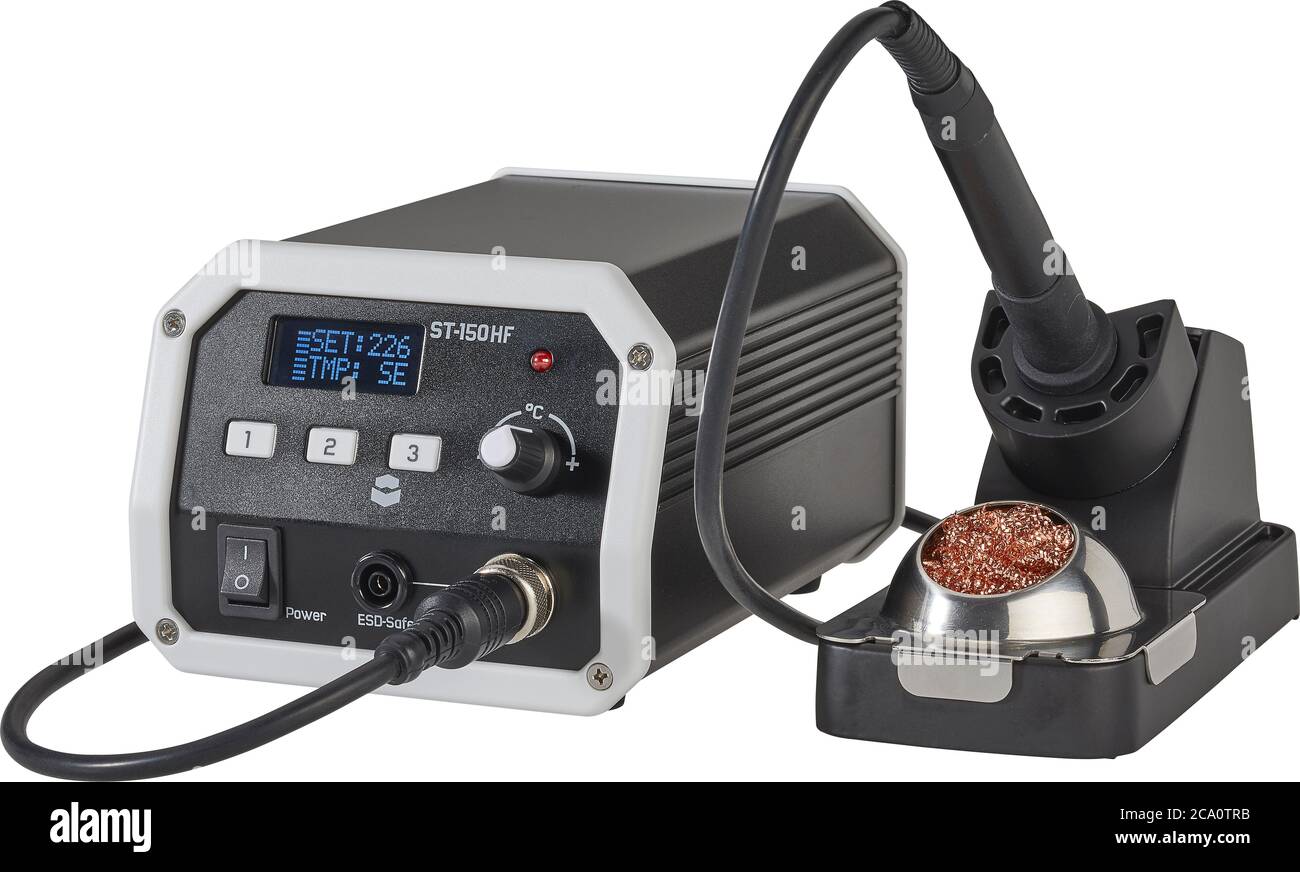 Stazione di saldatura digitale su sfondo bianco Foto Stock
