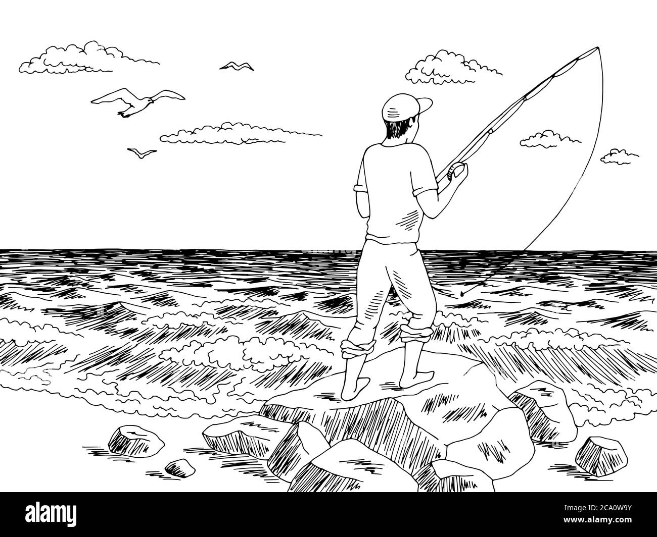 Uomo pesca grafica mare bianco nero disegno grafico paesaggio vettore illustrazione Illustrazione Vettoriale