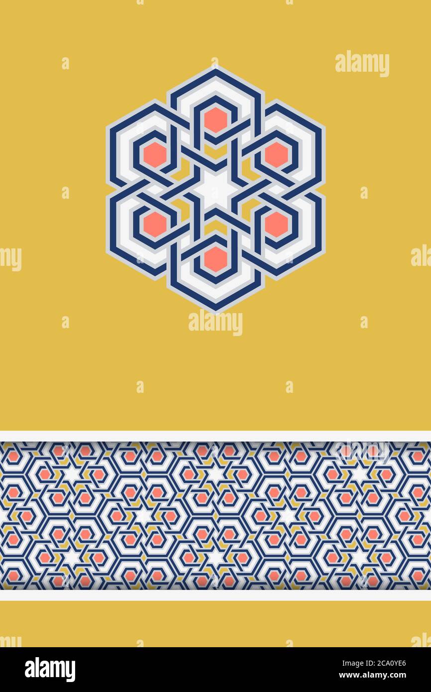 Modello biglietto di auguri per le festività musulmane. Geometria tradizionale arabica dell'islam, elemento di design decorativo e bordo del pattern. Illustrazione vettoriale. Ramadan K. Illustrazione Vettoriale