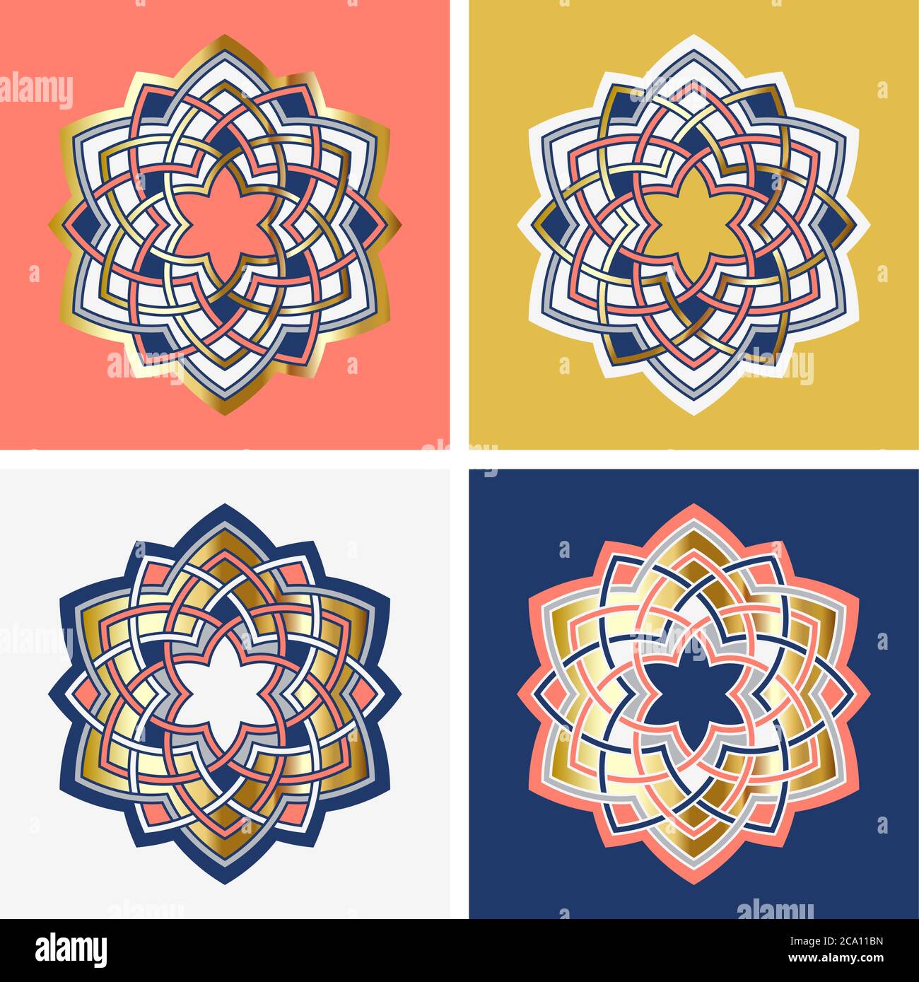 Set di quattro modelli con tradizionale arabo islam geometric art. Illustrazione vettoriale. Modelli perfetti per l'invito al matrimonio, g Illustrazione Vettoriale