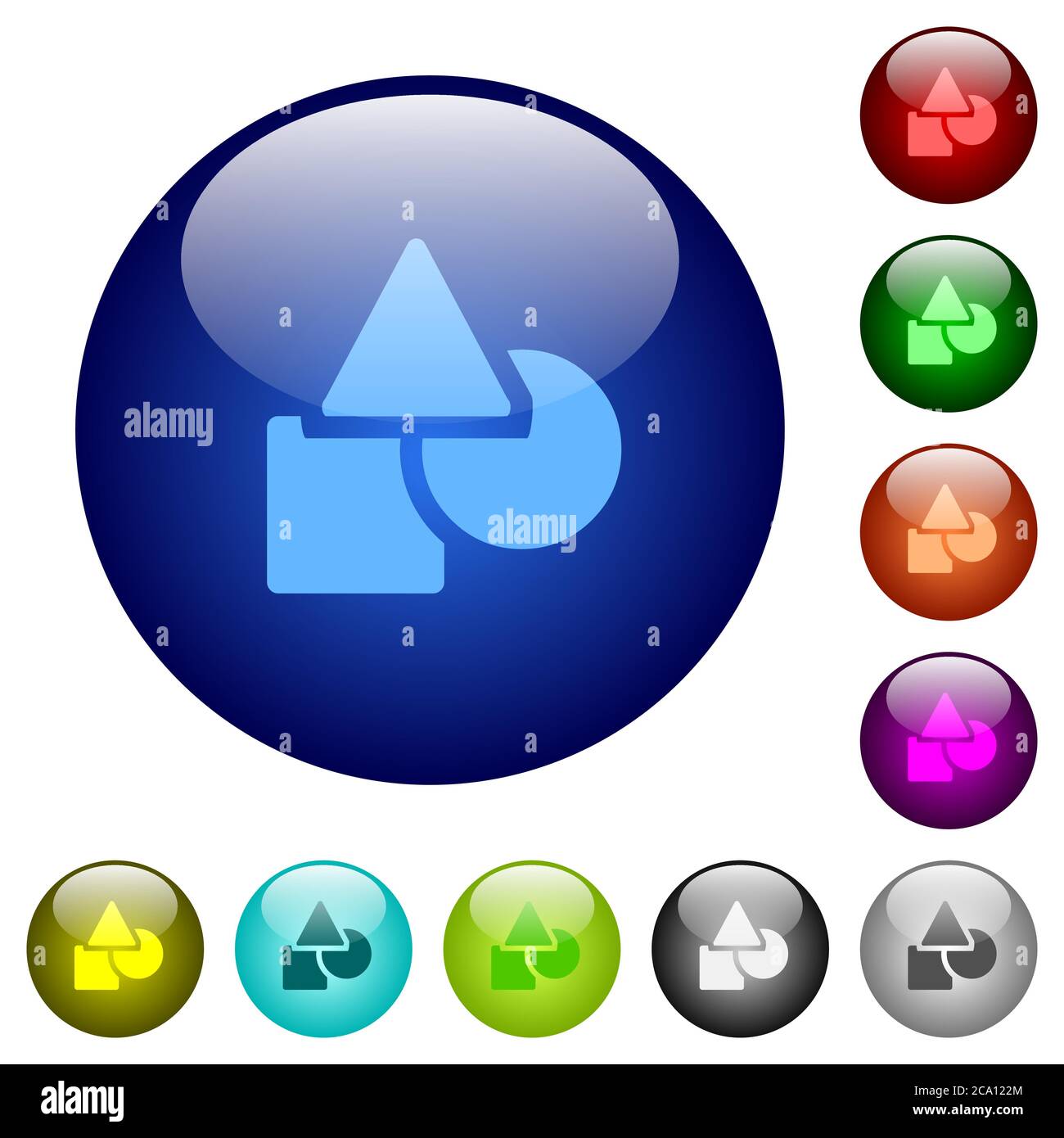 Icone di forme geometriche di base sui pulsanti in vetro di colore rotondo Illustrazione Vettoriale