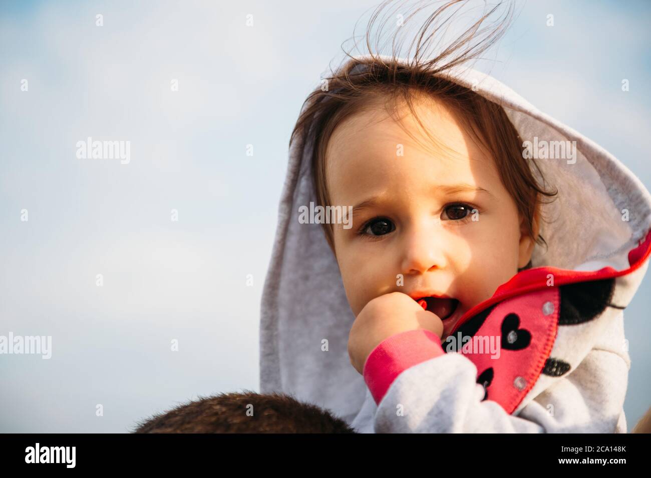 Primo piano di bambina in cappuccio grigio seduta sulle spalle del padre sullo sfondo del cielo Foto Stock