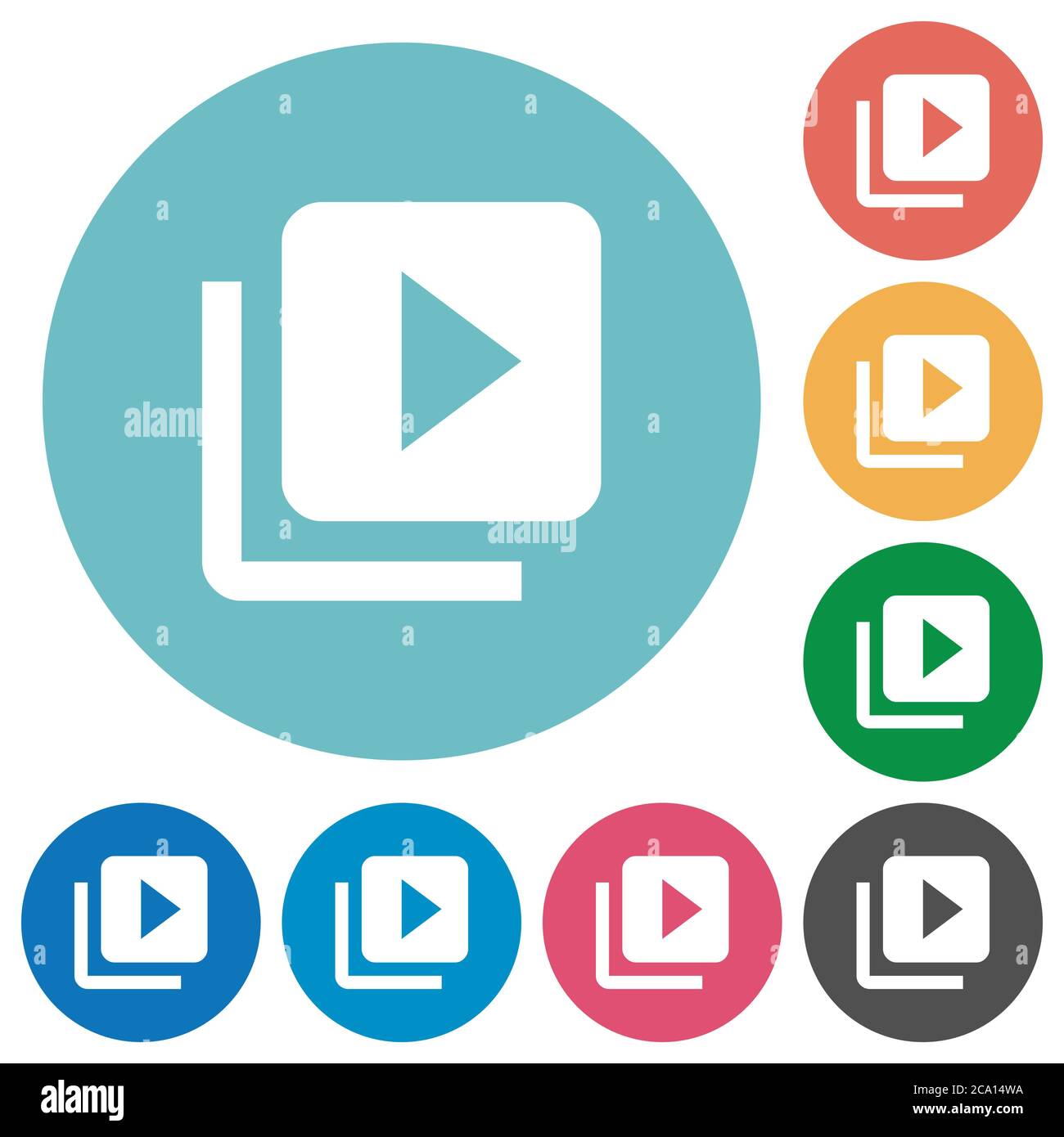 Libreria video icone bianche piatte su sfondi rotondi Illustrazione Vettoriale